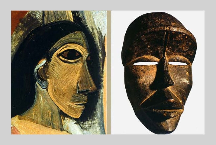ピカソの作品 (左) とアフリカ原始アートのマスク (右)