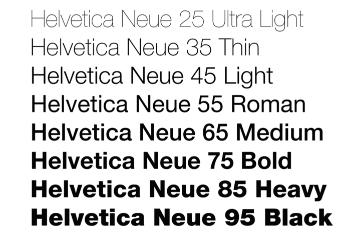 Helveticaフォントの異なるウェイト