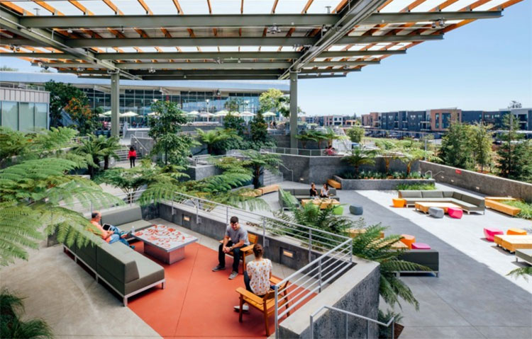 ↑ クリエイティブな発想を喚起させるために屋上を公園にしているFacebook本社オフィス