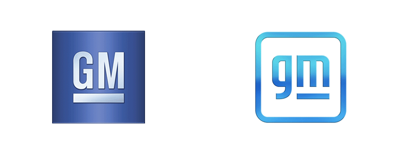 GMのロゴリデザイン: 旧 (左) | 右 (新}