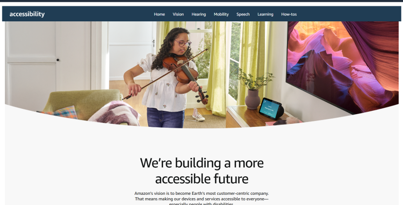 Amazonのアクセシビリティ紹介ページ。視覚障がいのある女性が室内でバイオリンを弾いており、スマートディスプレイにはAlexaが表示されている。下部には『よりアクセシブルな未来を築く』というメッセージが記されている。