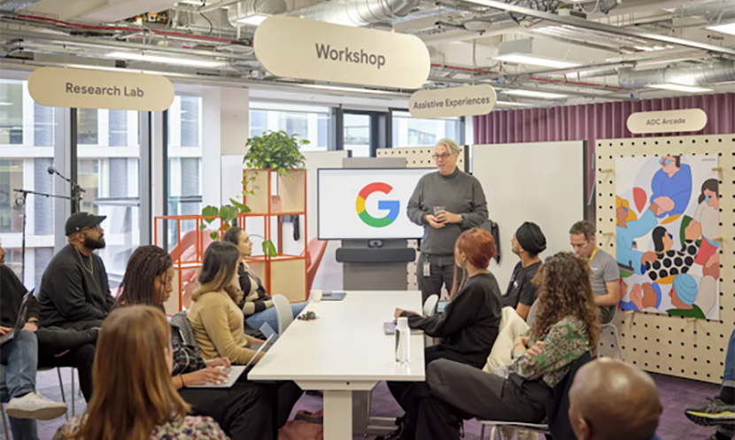 Googleのロゴが表示されたモニターの前で講師が立ち、テーブルを囲んで座る複数の参加者に向かってワークショップを行っているオフィス風景。