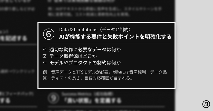 AIデザインフレームワーク ステップ6 データと制約。AIが機能するための必要データや制約条件、失敗リスクを明確化する。