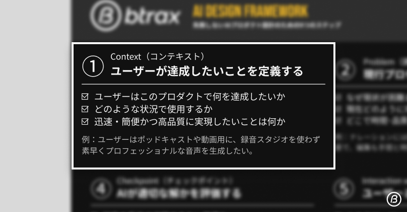 AIデザインフレームワーク ステップ1 コンテキスト。ユーザーが達成したい目的や利用シーンを定義するAI設計プロセス。