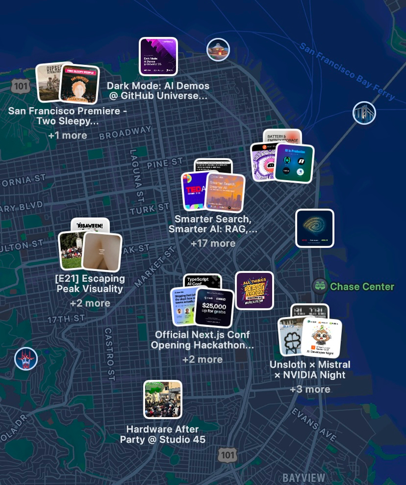 サンフランシスコ中心部で同時開催されている複数のAI・テック系イベントを示すマップ。GitHubやNext.jsなど、各所で多彩なミートアップが行われていることがわかる。