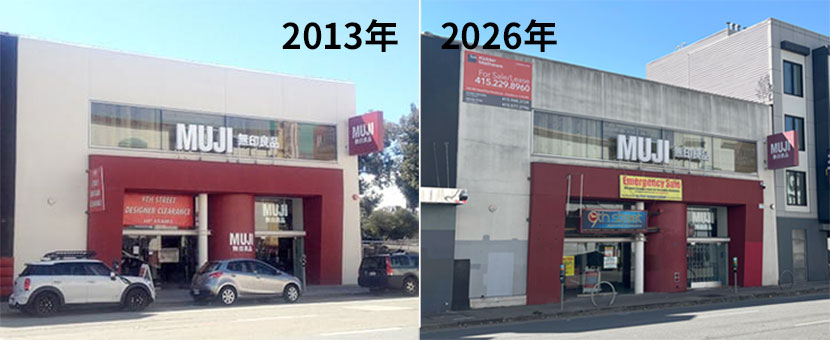 2013年に存在していたMUJIサンフランシスコ店は閉店したが、看板はそのまま残っている